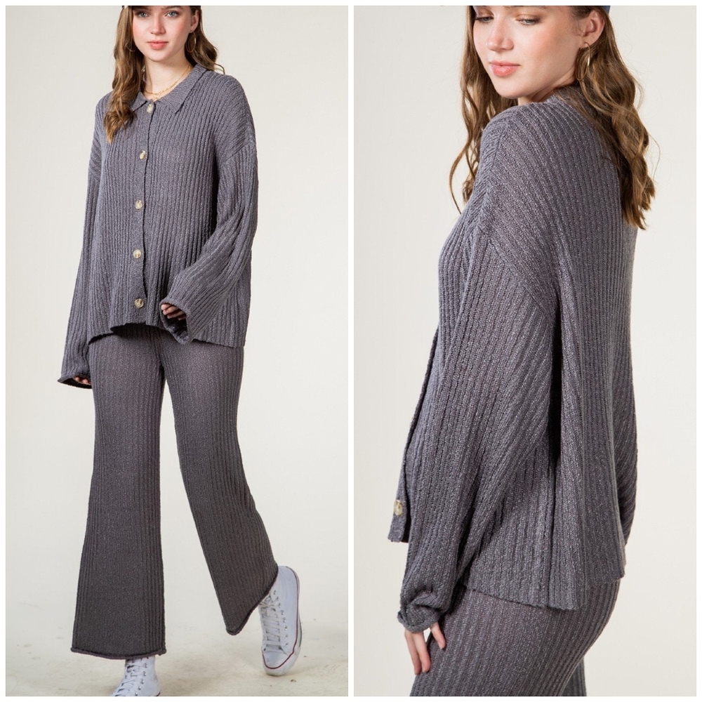 VERY J Charcoal Gray Chic 2-Piece Ribbed Top And Pants Set - Picture 5 of 5